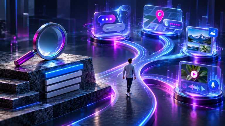 Futurisztikus illusztráció, amely a klasszikus kereséstől az AI-alapú felfedezésig vezető digitális utat szemlélteti, neonfényes vizuális elemekkel.