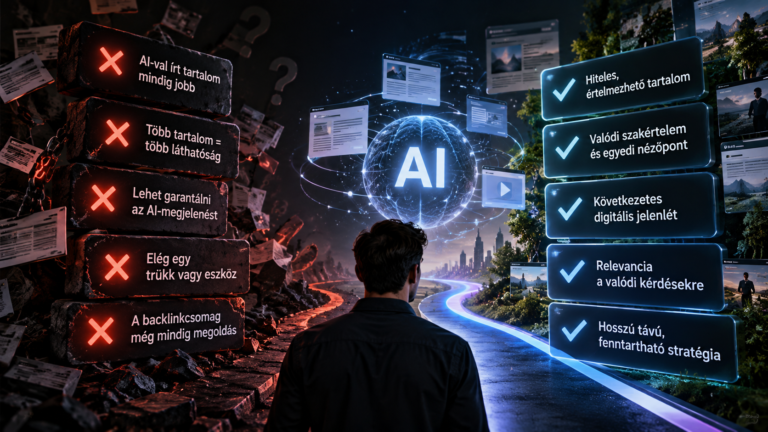 AI-láthatósági mítoszokat és valós szakmai alapelveket összehasonlító futurisztikus illusztráció, piros tévhitekkel és kék, hiteles megközelítésekkel.