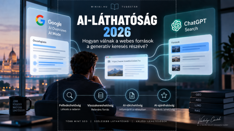 AI-láthatóság 2026 témájú grafika, webes forrásokkal, Google AI kereséssel és ChatGPT Search kapcsolatokkal.