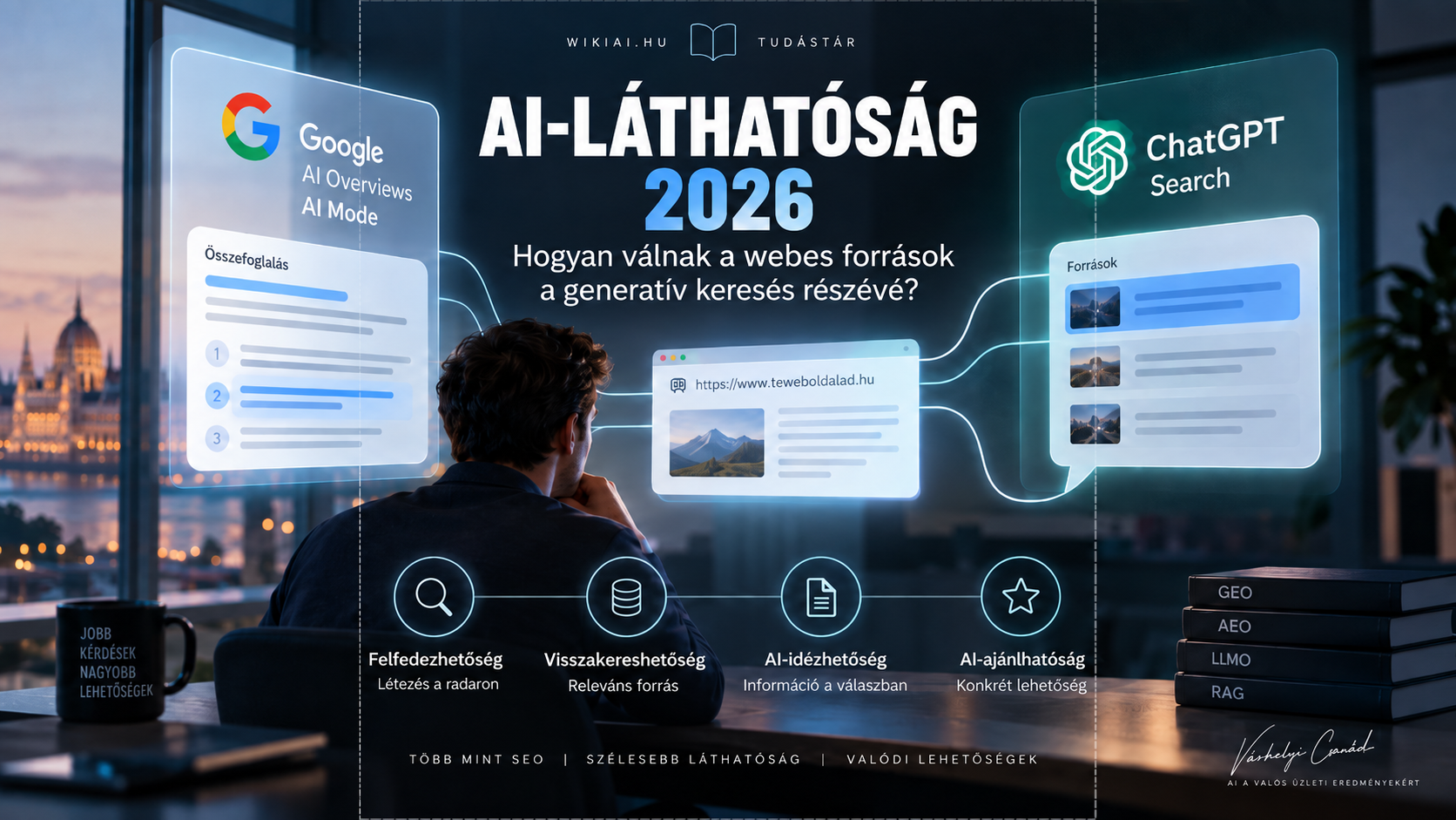AI-láthatóság 2026 témájú grafika, webes forrásokkal, Google AI kereséssel és ChatGPT Search kapcsolatokkal.