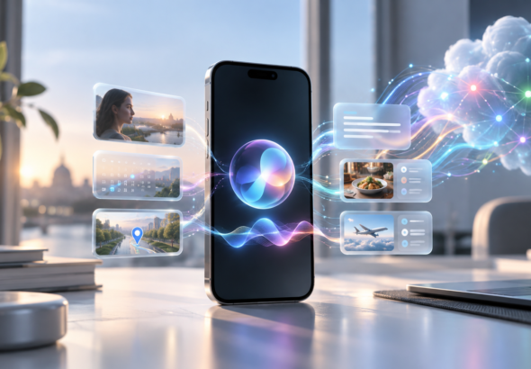 MI által generált illusztráció egy okostelefonon működő Siri AI-ról, felhőalapú mesterségesintelligencia-kapcsolatokkal és személyes digitális kontextussal