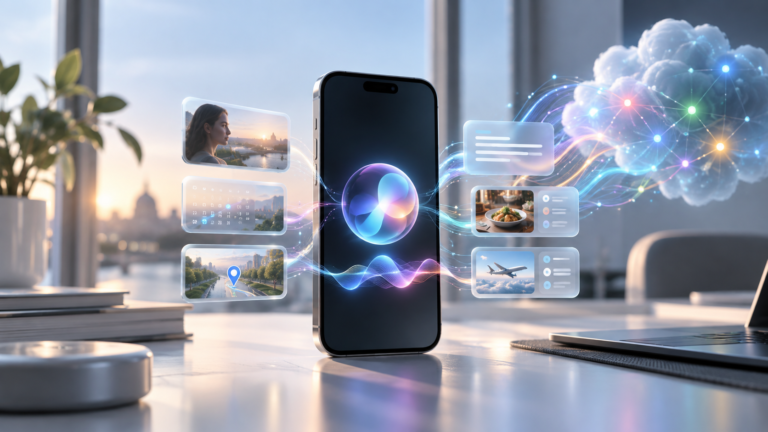 MI által generált illusztráció egy okostelefonon működő Siri AI-ról, felhőalapú mesterségesintelligencia-kapcsolatokkal és személyes digitális kontextussal