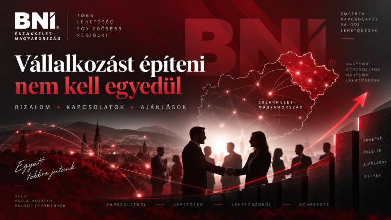 BNI Északkelet-Magyarország üzleti kapcsolatépítést bemutató grafika, vállalkozókkal és Magyarország térképével.