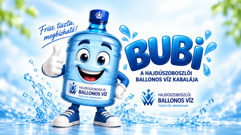 Bubi, a Hajdúszoboszlói Ballonos Víz kabalája kék-fehér vízi környezetben