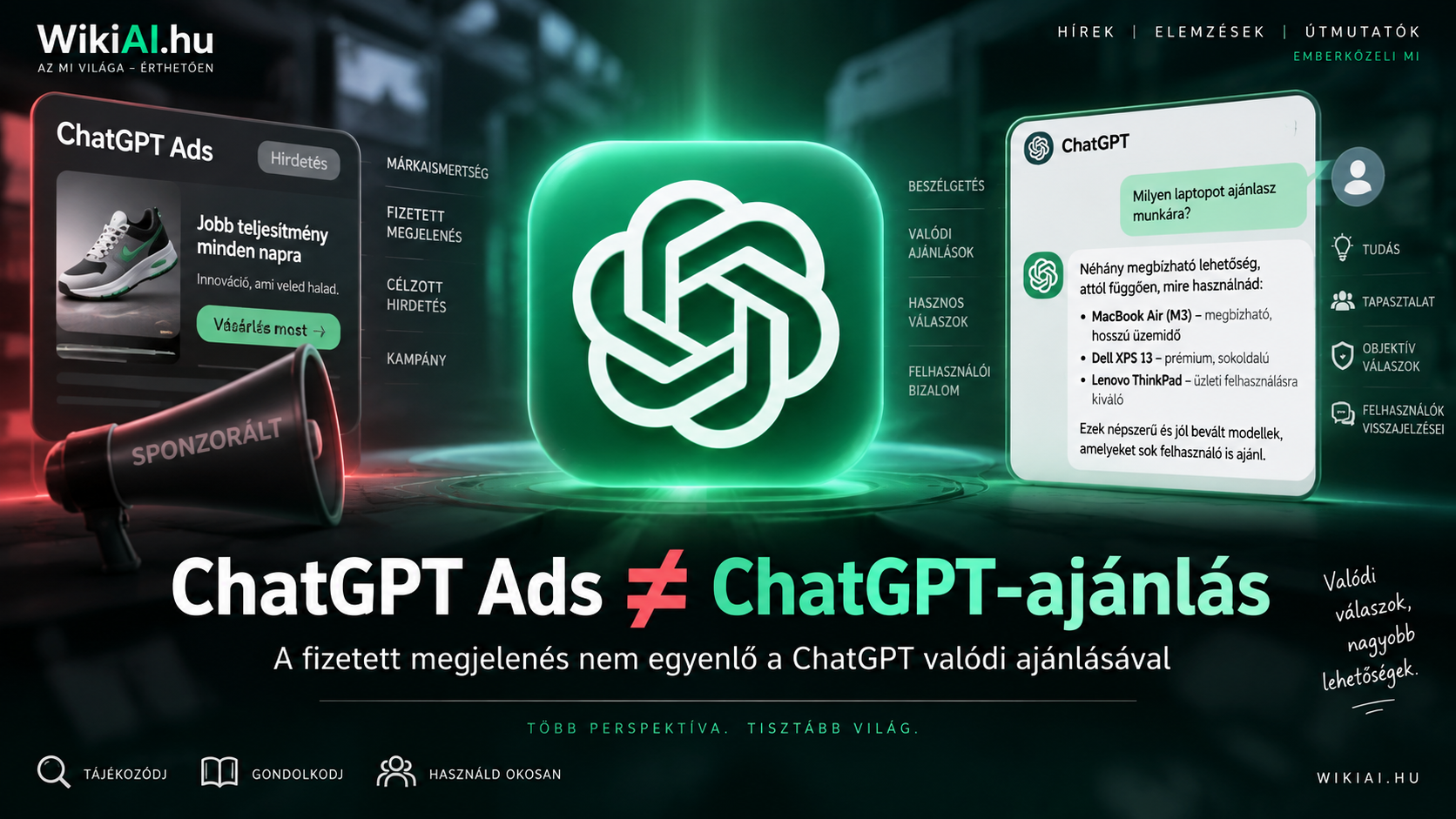 ChatGPT Ads és ChatGPT-ajánlás közötti különbséget bemutató illusztráció ChatGPT-logóval