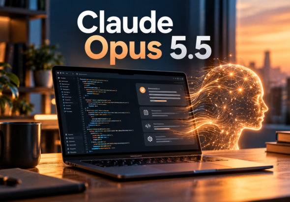Claude Opus 5.5 témájú MI által generált szerkesztőségi illusztráció modern laptopos fejlesztői környezettel és AI vizuális elemekkel