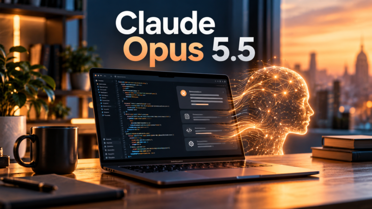 Claude Opus 5.5 témájú MI által generált szerkesztőségi illusztráció modern laptopos fejlesztői környezettel és AI vizuális elemekkel