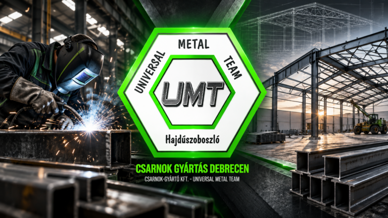 Csarnok-Gyártó Kft. és Universal Metal Team logó acélszerkezet-gyártási és hegesztési környezetben