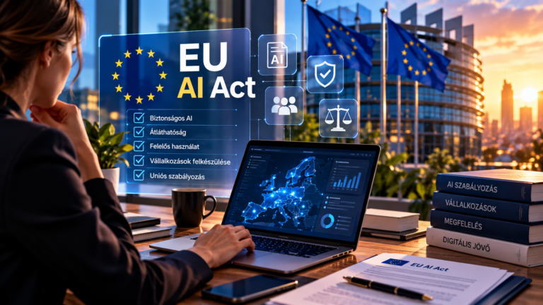 MI által generált illusztráció az EU AI Act szabályozásáról, európai uniós zászlókkal, vállalati megfelelési felülettel és mesterséges intelligenciát használó üzleti környezettel