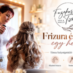 MI által generált illusztráció Fazekas Tímea hajdúszoboszlói szépségstúdiójáról, ahol egy alkalmi frizura készítése látható, a képen a Hair & Makeup logóval és a frizura és smink egy helyen üzenettel