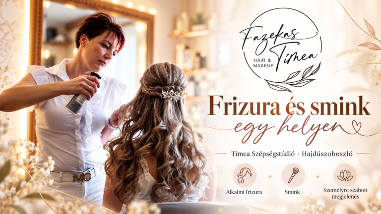 MI által generált illusztráció Fazekas Tímea hajdúszoboszlói szépségstúdiójáról, ahol egy alkalmi frizura készítése látható, a képen a Hair & Makeup logóval és a frizura és smink egy helyen üzenettel