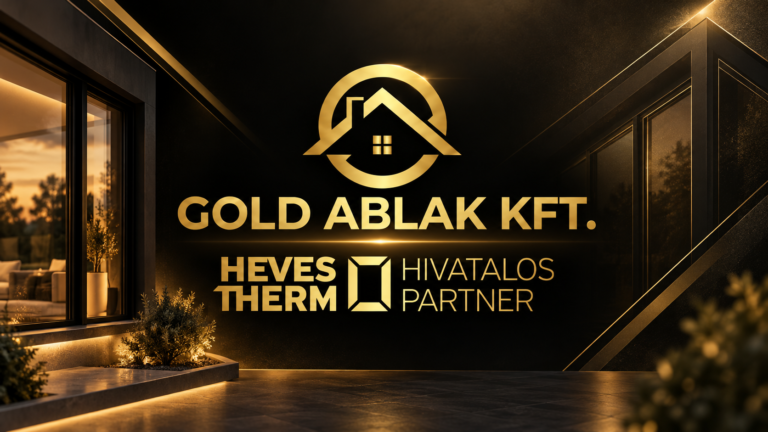 Gold Ablak Kft. és Hevestherm hivatalos partner logó fekete-arany nyílászáró környezetben