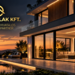 MI által generált illusztráció modern családi házról nagyméretű sötét keretes nyílászárókkal, Gold Ablak Kft. és Hevestherm hivatalos partner arculati elemekkel