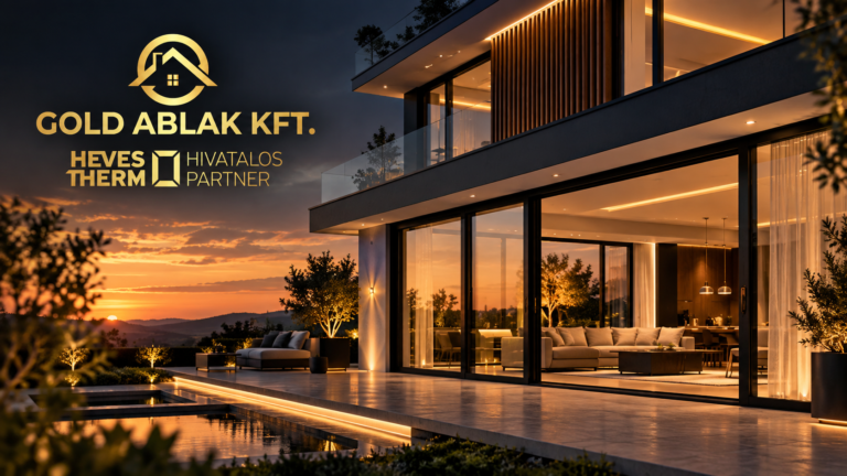 MI által generált illusztráció modern családi házról nagyméretű sötét keretes nyílászárókkal, Gold Ablak Kft. és Hevestherm hivatalos partner arculati elemekkel