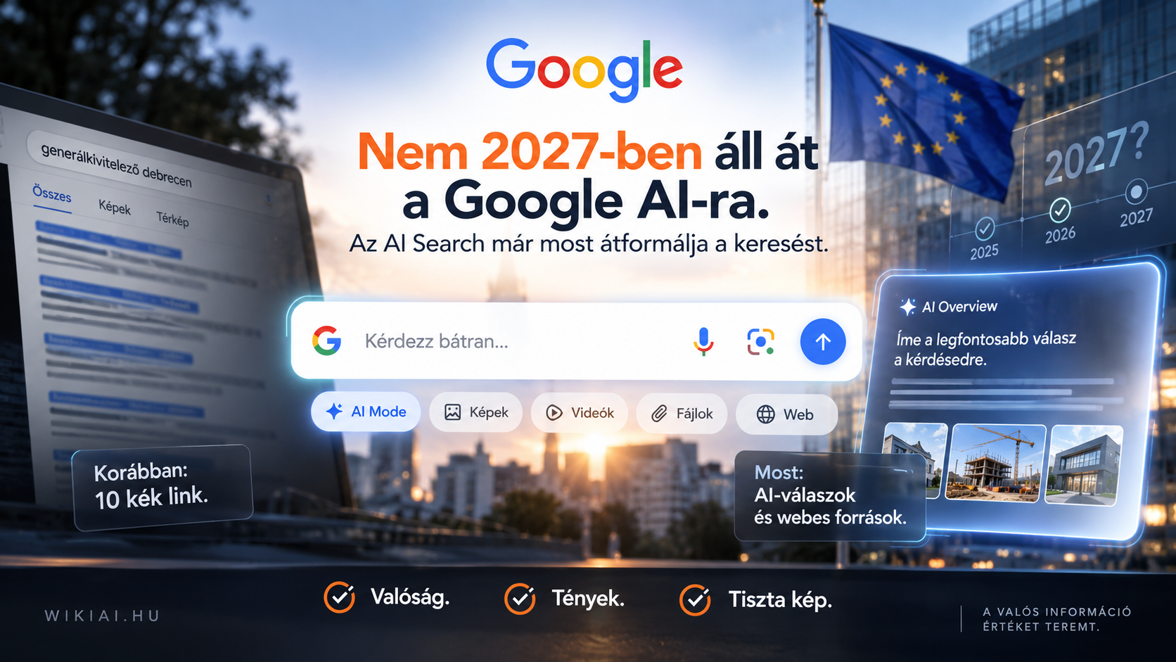 Google Search AI-átalakulás, AI Mode és AI Overviews Európában, a 2027-es félreértés tisztázásával