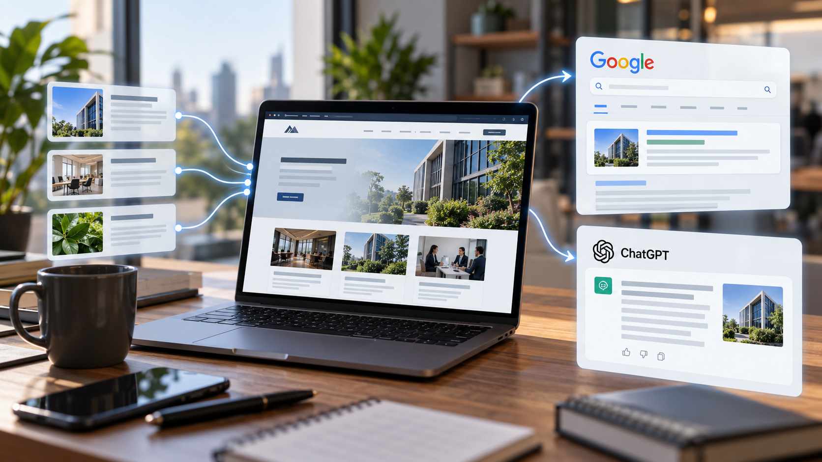 Élethű illusztráció arról, hogyan juthat el egy weboldal információja a Google keresési és a ChatGPT válaszkörnyezetébe.