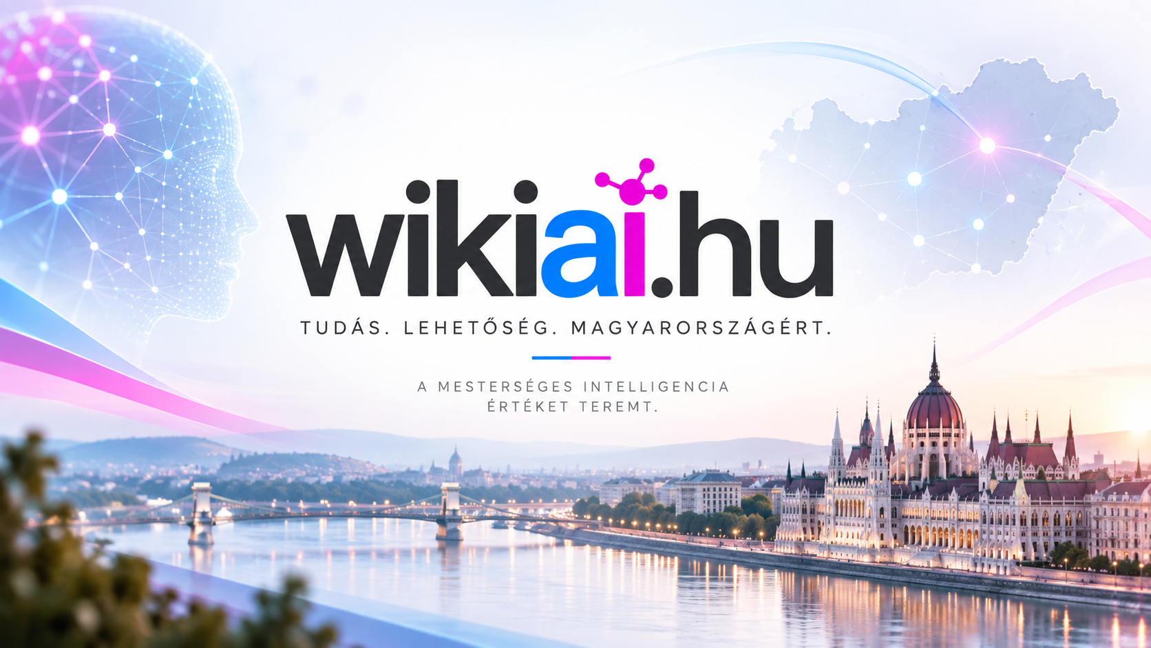WikiAI.hu országos AI-, üzleti és vállalkozási tudásplatform vizuális megjelenítése Budapest látképével, Magyarország térképével és digitális hálózati motívumokkal