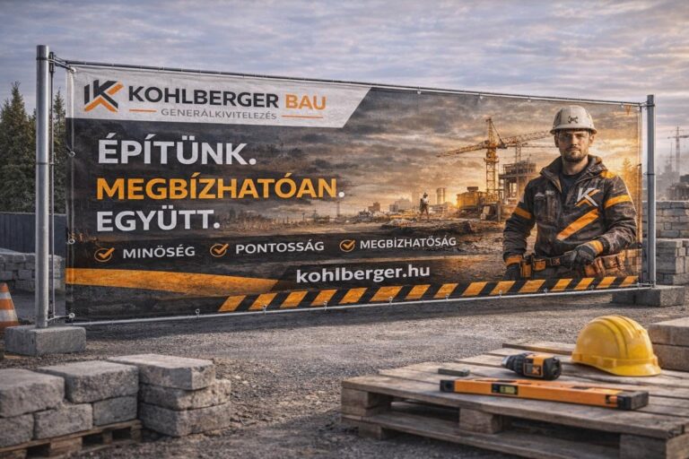 Kohlberger Bau Kft. generálkivitelezési molinó építési területen, védősisakos szakemberrel, darukkal és építőipari környezettel