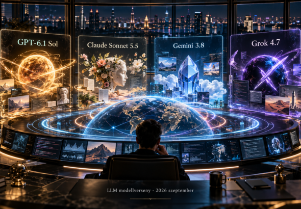 Futurisztikus, élethű illusztráció a 2026 szeptemberi LLM-modellversenyről, GPT-6.1 Sol, Claude Sonnet 5.5, Gemini 3.8 és Grok 4.7 modellekkel.