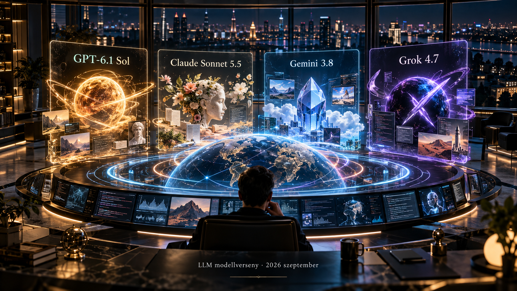 Futurisztikus, élethű illusztráció a 2026 szeptemberi LLM-modellversenyről, GPT-6.1 Sol, Claude Sonnet 5.5, Gemini 3.8 és Grok 4.7 modellekkel.