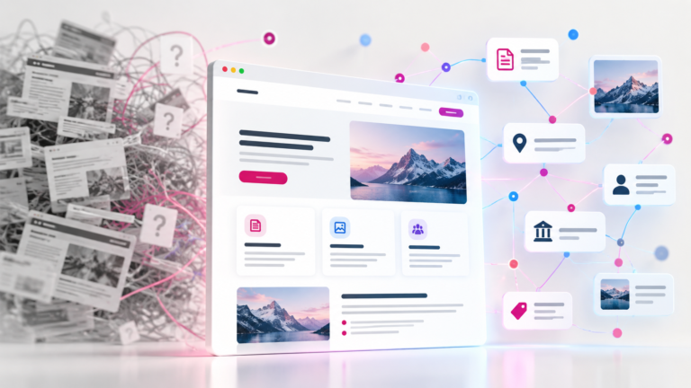 AI-érthető weboldalt szemléltető illusztráció: rendezetlen információból világos, összekapcsolt webes tartalom alakul ki.