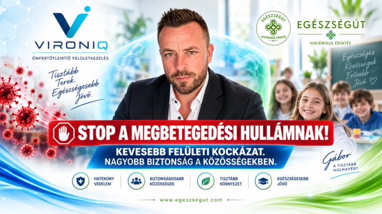 Róth Gábor a VIRONIQ önfertőtlenítő felületvédelem vizuális középpontjában, VIRONIQ és Egészségút arculati elemekkel, védelmi pajzzsal és közösségi környezettel.