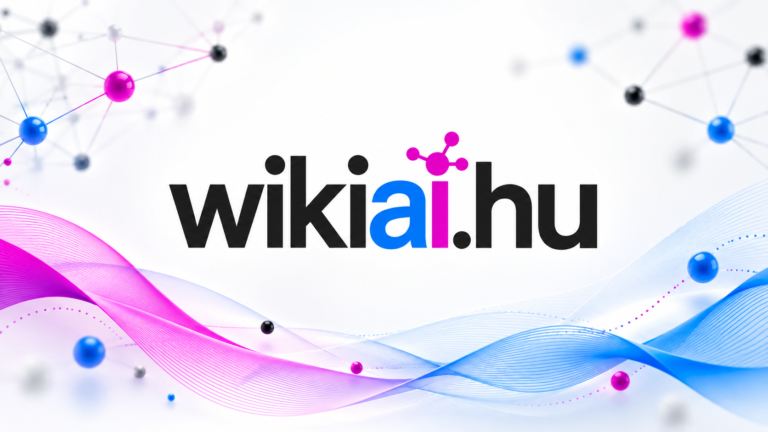 WikiAI.hu technológiai arculati kép a WikiAI.hu logóval, kék és magenta hálózati grafikai elemekkel