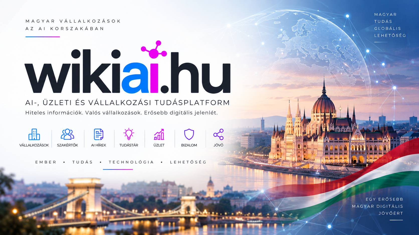 WikiAI.hu magyar AI-, üzleti és vállalkozási tudásplatform Budapest látképével és digitális hálózati motívumokkal