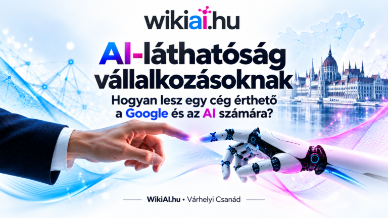 WikiAI.hu – AI-láthatóság vállalkozásoknak: emberi és robotkéz találkozása Budapest és digitális hálózati elemek előtt
