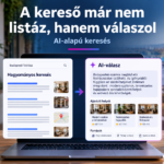 A hagyományos Google-találati lista és az AI által összeállított keresési válasz összehasonlítása laptopon, Budapest látképével a háttérben.