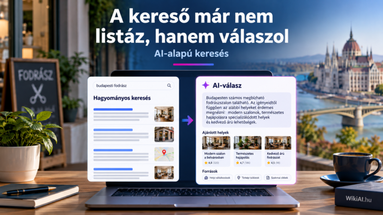 A hagyományos Google-találati lista és az AI által összeállított keresési válasz összehasonlítása laptopon, Budapest látképével a háttérben.