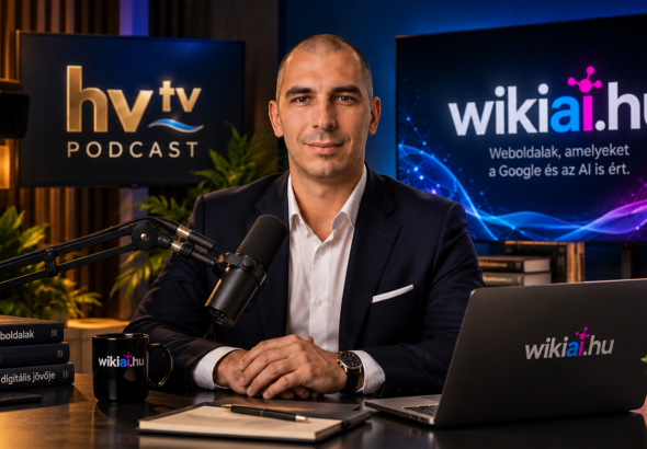 Várhelyi Csanád AI-láthatósági szakértő podcaststúdiós illusztráción, mikrofonnal, HVTV Podcast és WikiAI.hu feliratokkal.