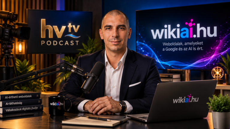 Várhelyi Csanád AI-láthatósági szakértő podcaststúdiós illusztráción, mikrofonnal, HVTV Podcast és WikiAI.hu feliratokkal.