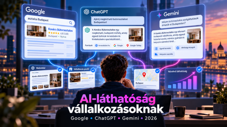 Illusztráció egy vállalkozás AI-láthatóságáról a Google, a ChatGPT és a Gemini felületein, weboldali és helyi üzleti információkkal.