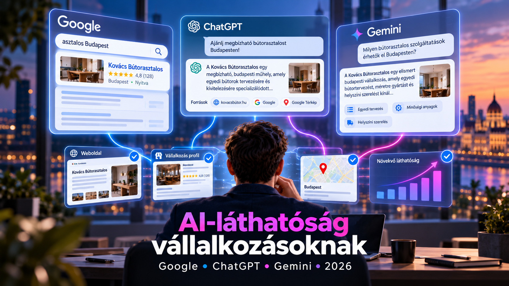 Illusztráció egy vállalkozás AI-láthatóságáról a Google, a ChatGPT és a Gemini felületein, weboldali és helyi üzleti információkkal.