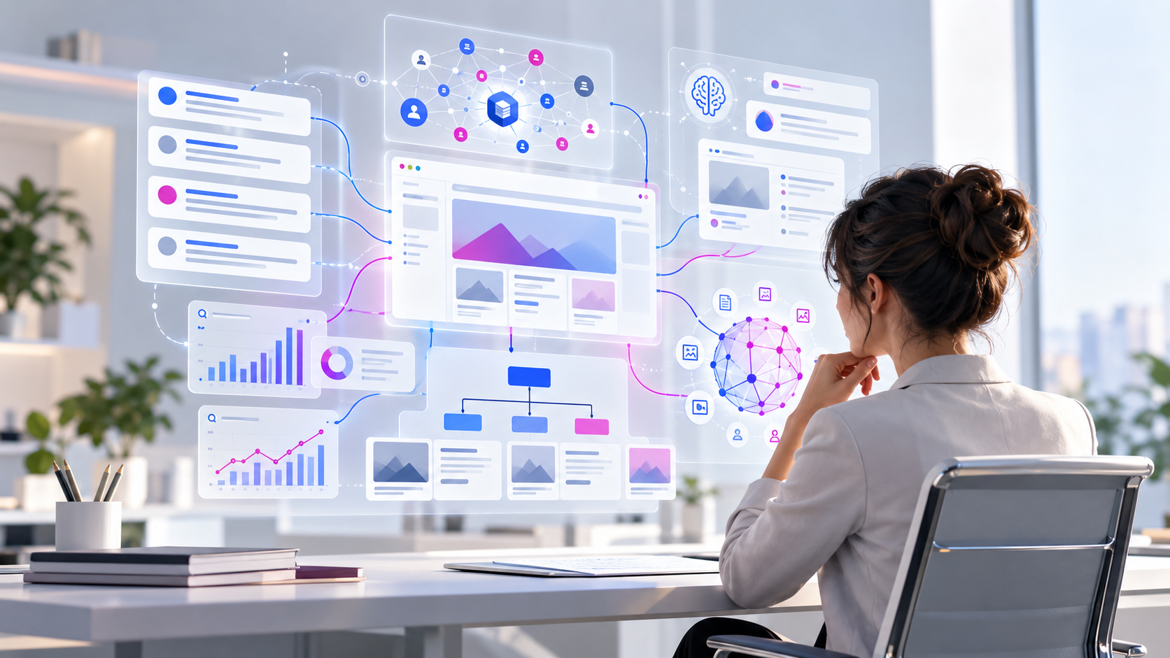 AI SEO szakértő munkáját szemléltető illusztráció weboldali tartalommal, keresési adatokkal és AI-alapú információs kapcsolatokkal.