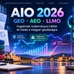 AIO 2026, GEO, AEO és LLMO tudományos infografika kutatási dokumentumokkal, AI-keresési rendszerekkel, digitális hálózatokkal és Budapest látképével.