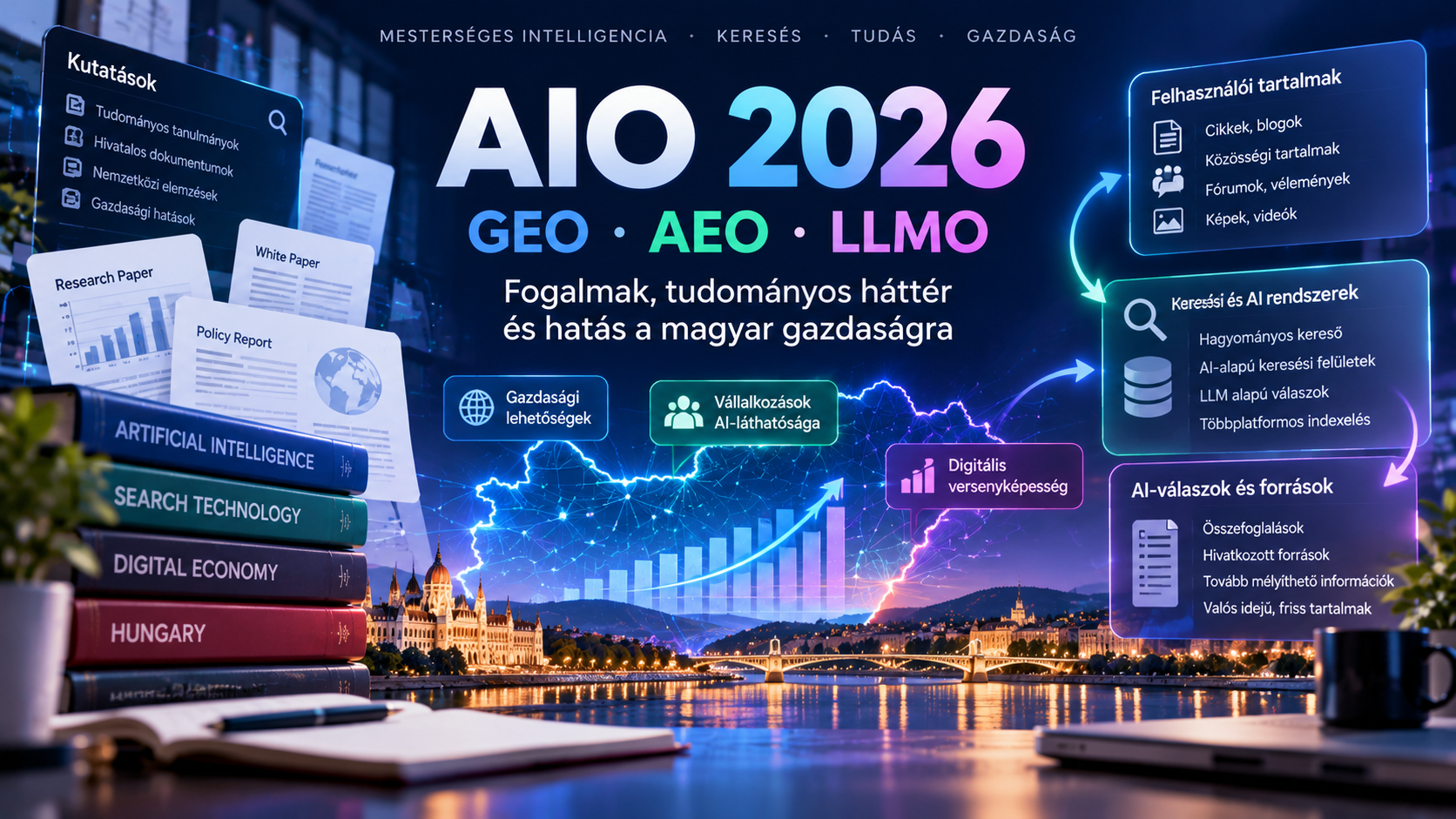 AIO 2026, GEO, AEO és LLMO tudományos infografika kutatási dokumentumokkal, AI-keresési rendszerekkel, digitális hálózatokkal és Budapest látképével.