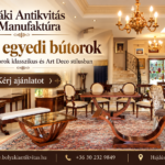 Bolyáki Antikvitás és Manufaktúra – elegáns enteriőrben bemutatott, egyedi készítésű, klasszikus és Art Deco stílusú fabútorokat szemléltető reklámgrafika, 30 éves szakmai múlttal.