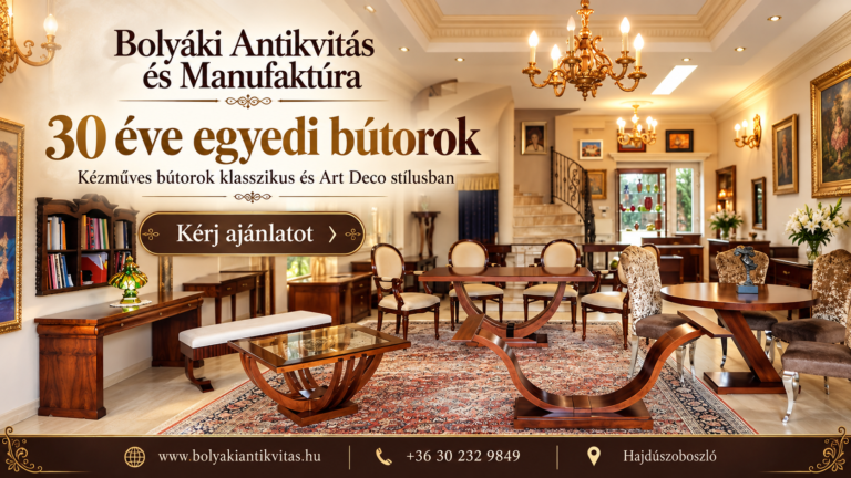 Bolyáki Antikvitás és Manufaktúra – elegáns enteriőrben bemutatott, egyedi készítésű, klasszikus és Art Deco stílusú fabútorokat szemléltető reklámgrafika, 30 éves szakmai múlttal.