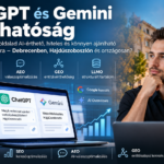 Illusztráció a ChatGPT és Gemini AI-láthatóságról: laptopon ChatGPT- és Gemini-felület, SEO, AEO, GEO és LLMO elemekkel, Debrecen és Hajdúszoboszló helyi keresési kontextusában.