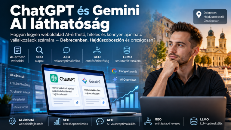 Illusztráció a ChatGPT és Gemini AI-láthatóságról: laptopon ChatGPT- és Gemini-felület, SEO, AEO, GEO és LLMO elemekkel, Debrecen és Hajdúszoboszló helyi keresési kontextusában.