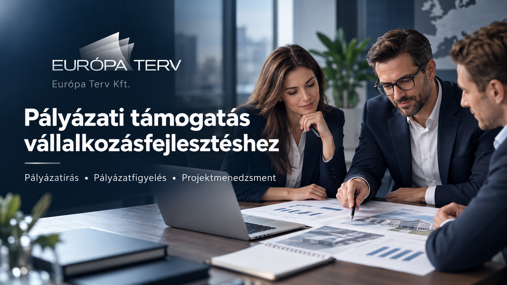Európa Terv Kft. pályázati támogatási és vállalkozásfejlesztési szolgáltatásait bemutató üzleti grafika szakmai egyeztetéssel.