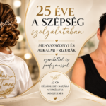Elegáns menyasszonyi konty arany hajdísszel, női portré és Fazekas Tímea Hair & Makeup felirat a hajdúszoboszlói Tímea Szépségstúdió reklámképén.
