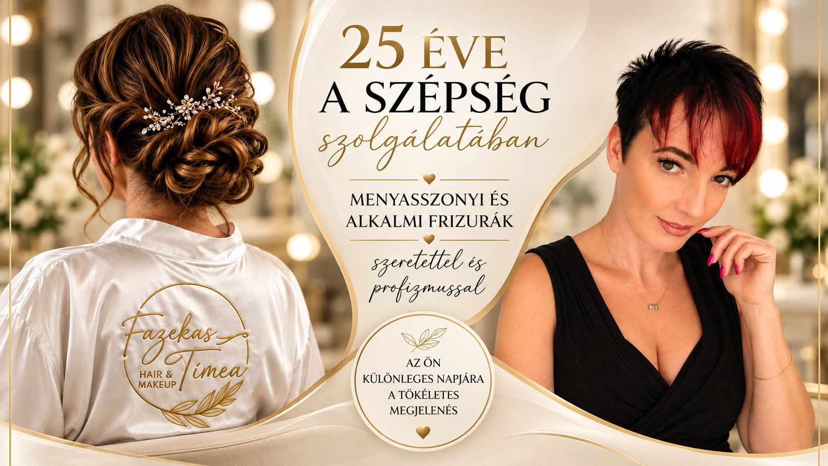 Elegáns menyasszonyi konty arany hajdísszel, női portré és Fazekas Tímea Hair & Makeup felirat a hajdúszoboszlói Tímea Szépségstúdió reklámképén.