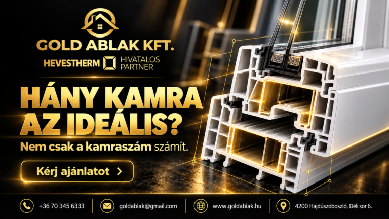 Gold Ablak Kft. – többkamrás műanyag ablakprofil keresztmetszete, Hevestherm partneri arculattal, az ablakcsere és nyílászáró-beépítés szemléltetésére.