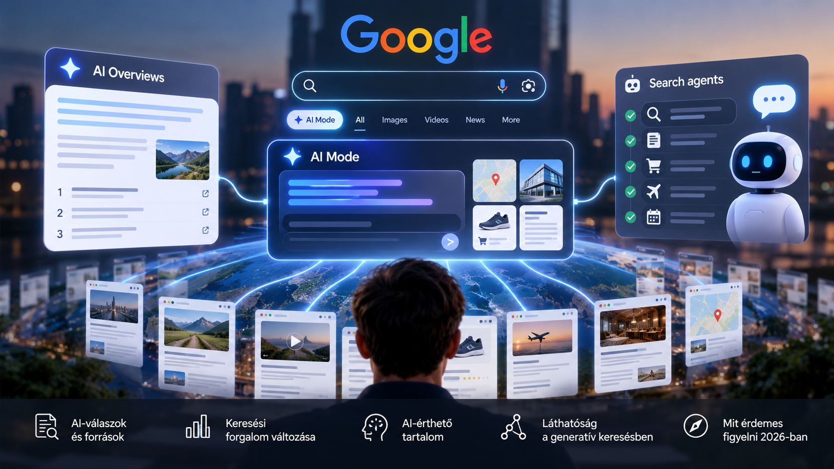 A Google AI Mode, AI Overviews és keresőügynökök 2026-os keresési környezetét szemléltető digitális illusztráció