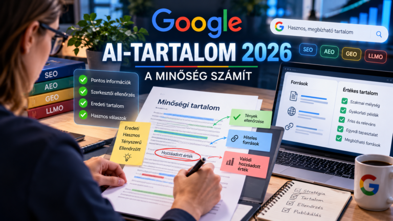 Google AI-tartalom 2026 illusztráció: szerkesztő ellenőrzi a dokumentum pontosságát, eredetiségét és forrásait egy számítógépes munkaállomáson.