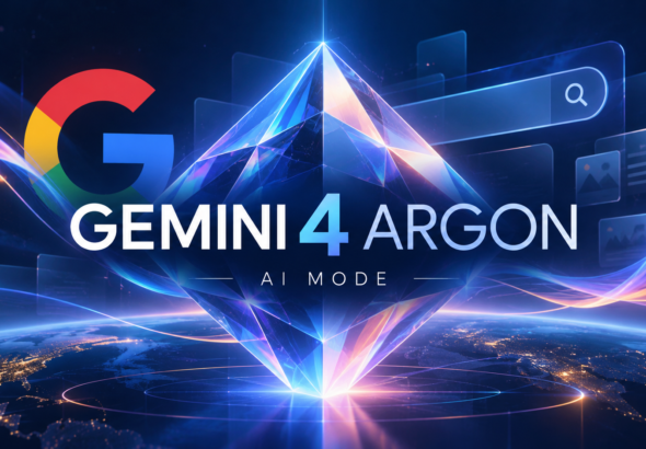 Google Gemini 4 Argon és AI Mode felirat egy futurisztikus illusztráción, világító kristállyal, Google-jelképpel és keresőfelülettel.
