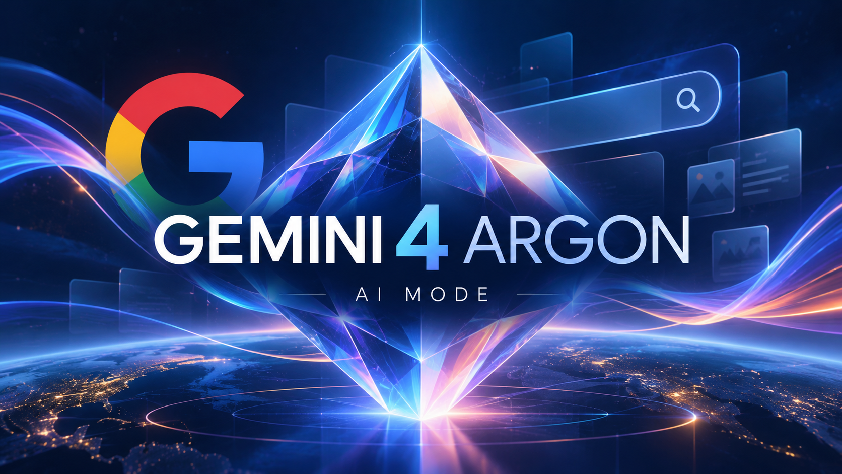 Google Gemini 4 Argon és AI Mode felirat egy futurisztikus illusztráción, világító kristállyal, Google-jelképpel és keresőfelülettel.